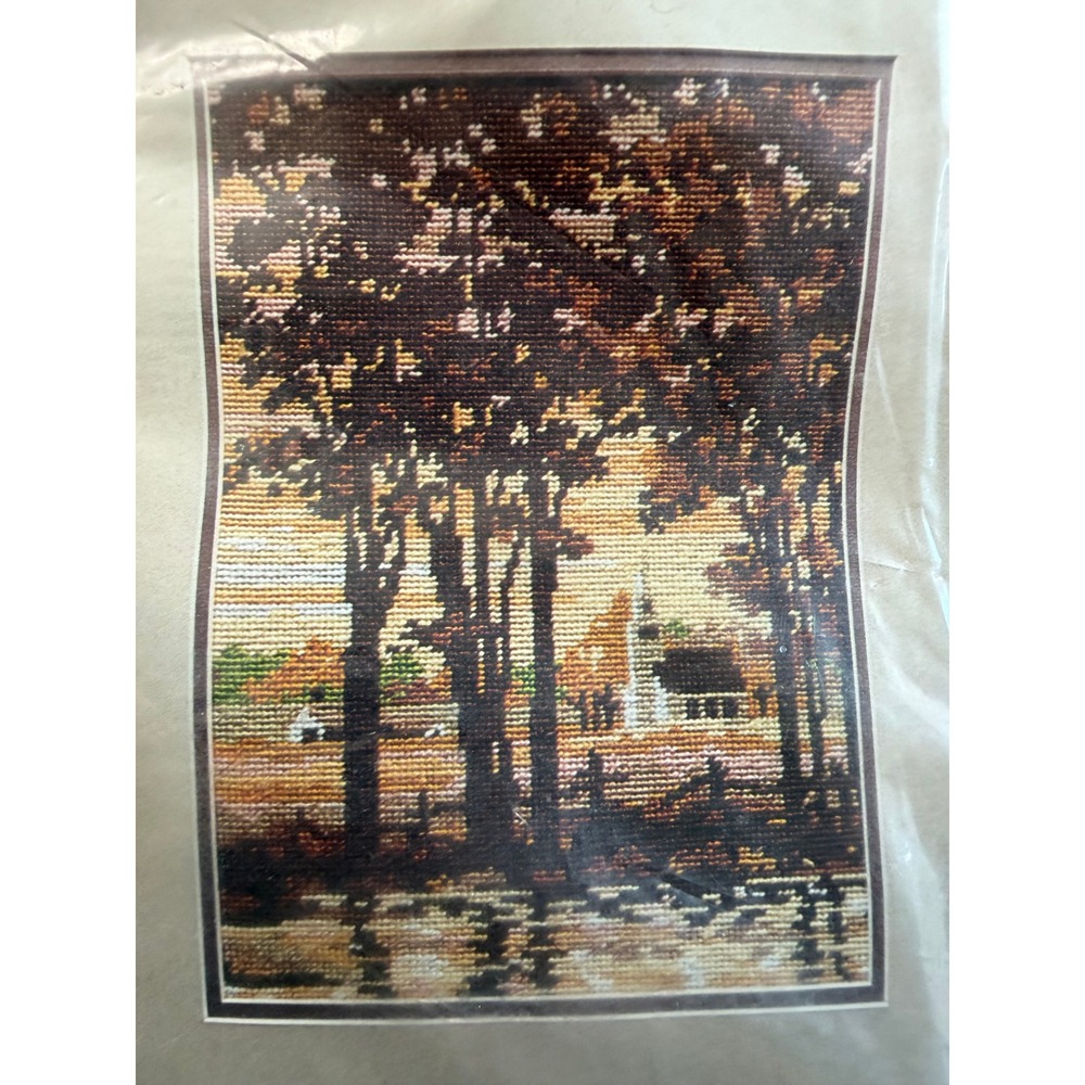VTG Bernat Needlepoint Kit Church In The Vale Landscape Trees Fall 12x16 Design